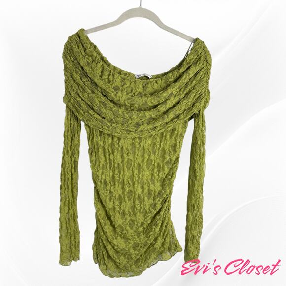 Zara Women's Off the Shoulder Sz L Pistachio Green Lace Sheer Top - Picture 5 of 10